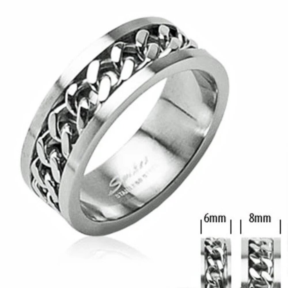 AWESOME STAINLESS STEEL RING WITH CUBAN LINK CHAIN SPINNING BAND. COUPLE RING